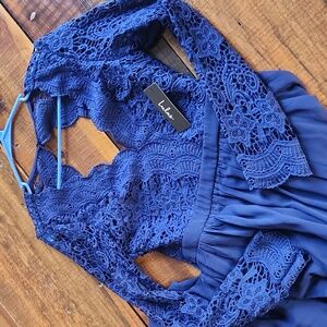 Lulu's Navy Evening Dress Open Back Lace Longsleeve